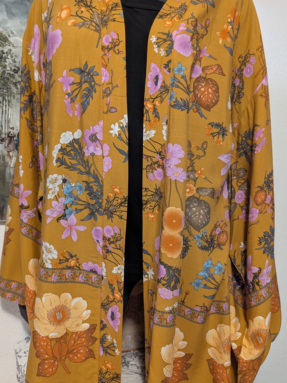Floral Kimono Jacket in Mustard with Pink & Blue Accents